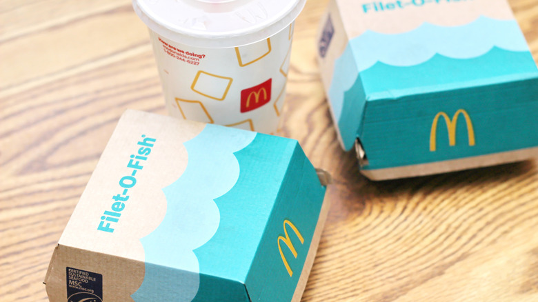 McDonald's Filet-O-Fish boxes with a drink