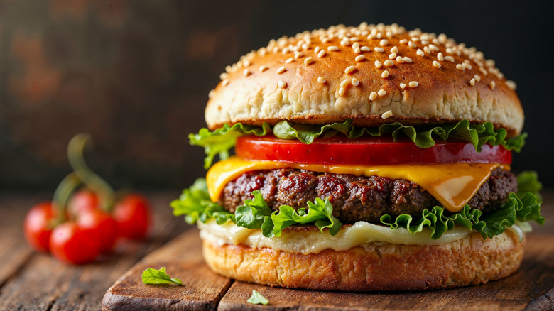 Cheeseburger on wooden board