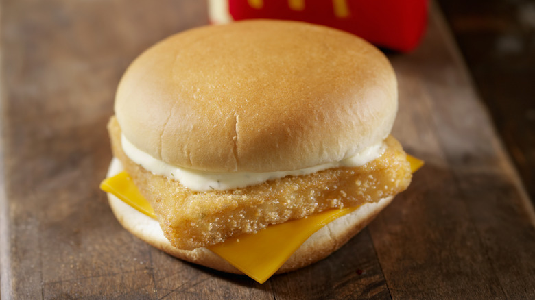 McDonald's Filet-O-Fish sandwich on wooden table