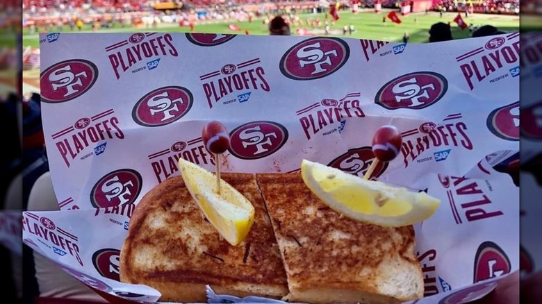 Crab sandwich with stadium background