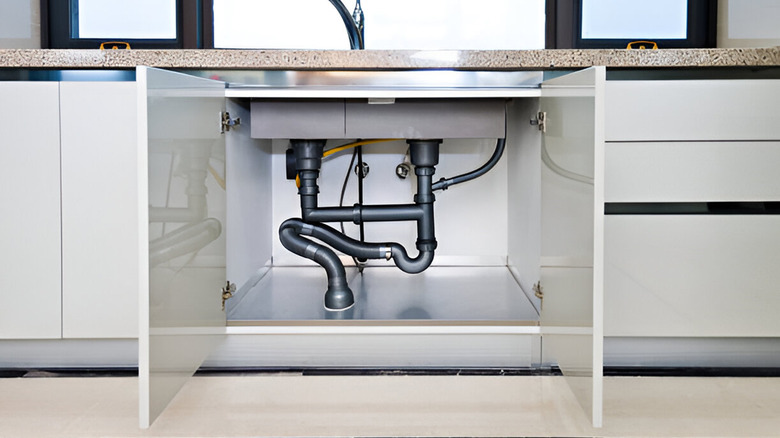 The cabinet space under a kitchen sink showing the pipes.