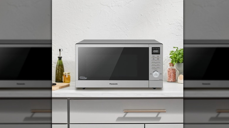 Panasonic microwave sitting on a counter