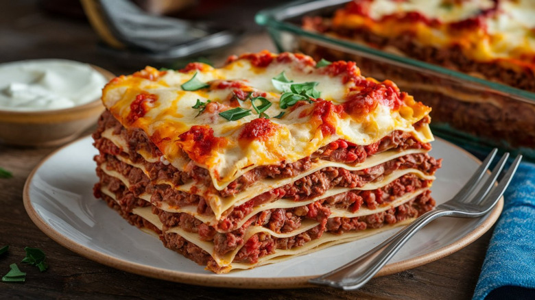 A meaty piece of lasagna is on a plate.
