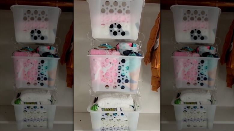 Photo of multiple baskets hanging from one another on shower hooks