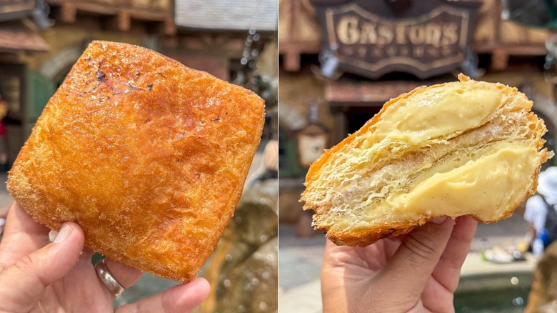 side-by-side photos of a hand holding the creme brulee croissant with a view of the top and a view of its custard interior