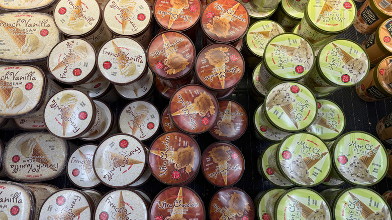 Ice cream cartons in Trader Joe's freezer