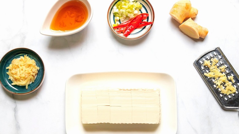 Plate of plain, cubed tofu surrounded by small bowls of shredded ginger, honey, and chopped green onions