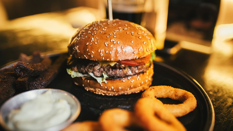 Cheeseburger and onion rings.
