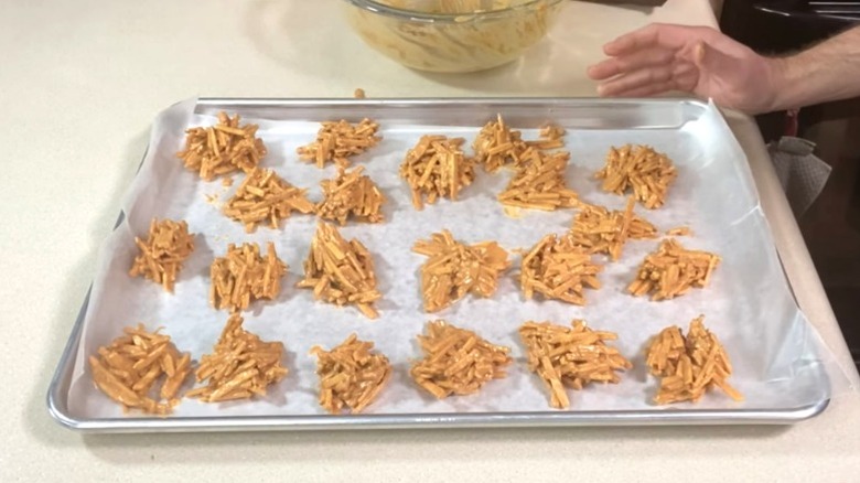 Potato stick butterscotch haystacks on a baking sheet
