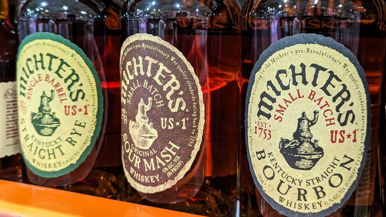 Closeup of bottles of Michter's whiskey and bourbon