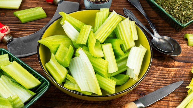 Celery cut up in a bowl