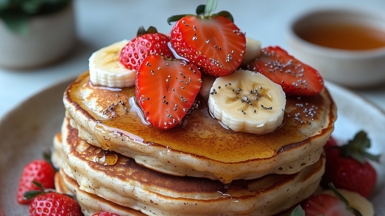strawberry banana topped pancakes