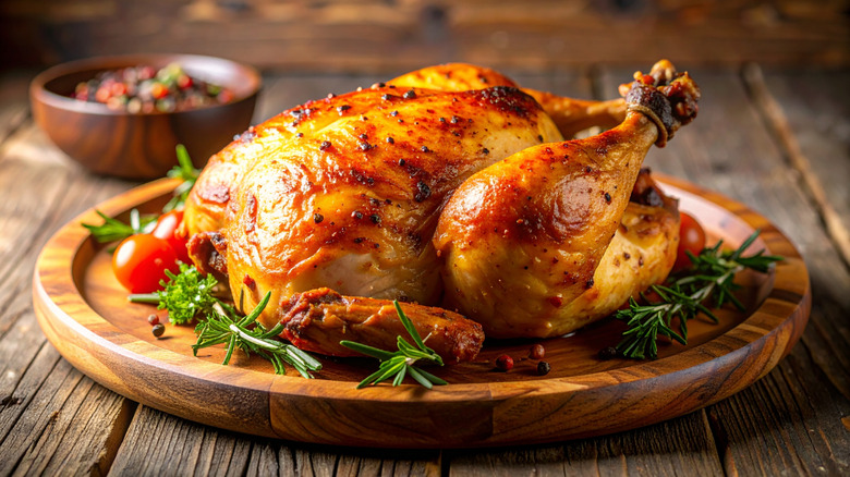 Roasted chicken with crispy skin on a wooden platter