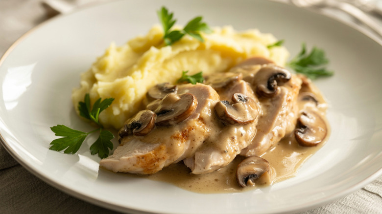Chicken in creamy mushroom sauce served with mashed potatoes on a white plate.