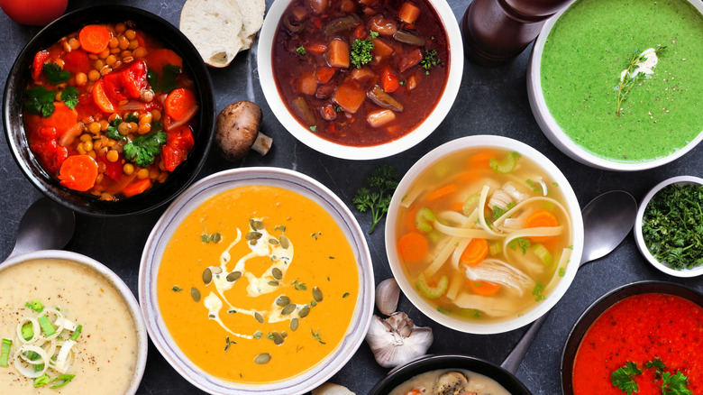 Bowls of various soups