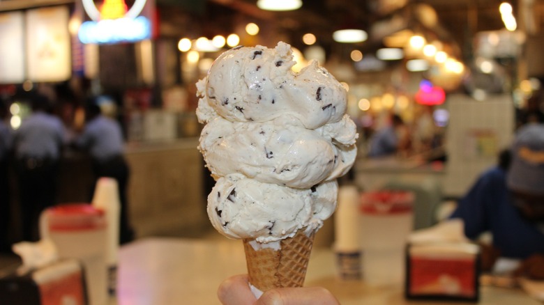 Triple-scoop ice cream waffle cone at Bassetts in the Reading Terminal Market