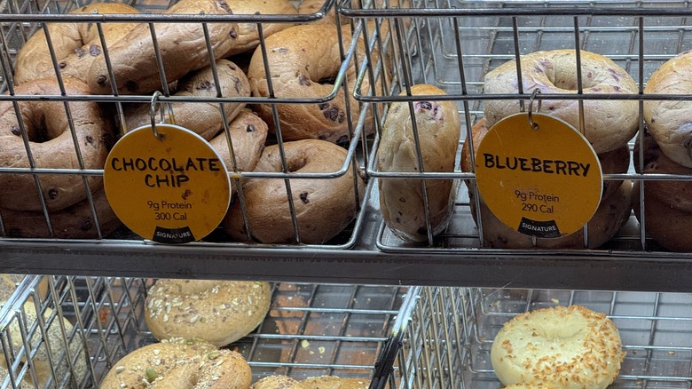 Bagels on display at an Einstein Bros. Bagels.