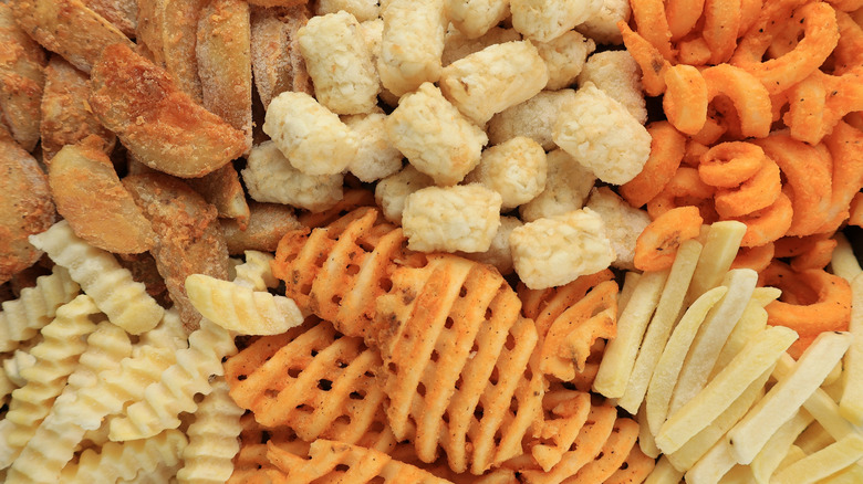 A variety of frozen french fries in different shapes and textures: thick, crinkle cut, waffle, tater tots, straight cut, and curly cut.