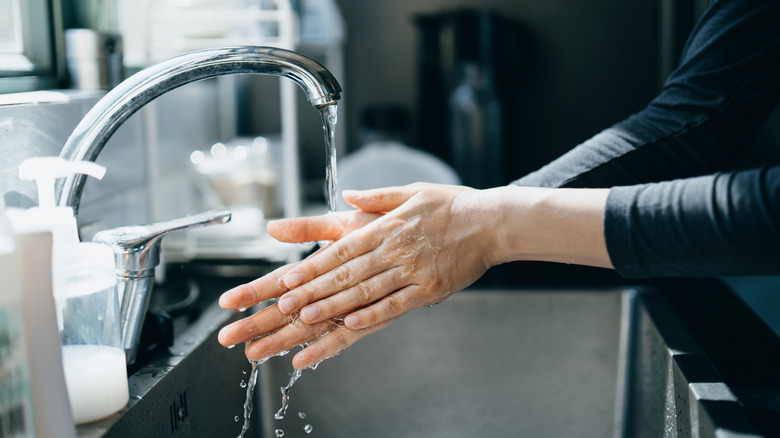 A person washes theit hands under a kitchen faucet.