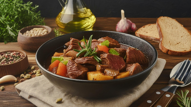 A serving of beef stew in a black bowl sitting atop a brown cloth on top of a wooden table, with silverware, two slices of bread, a bunch of garlic, a bottle of oil, and some herbs and spices in the background.