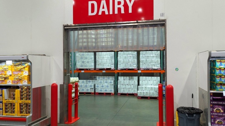 The entrance to the dairy section in a Costco store.