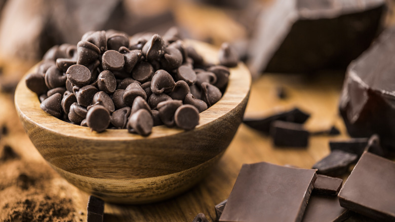 chocolate chips in a wooden bowl