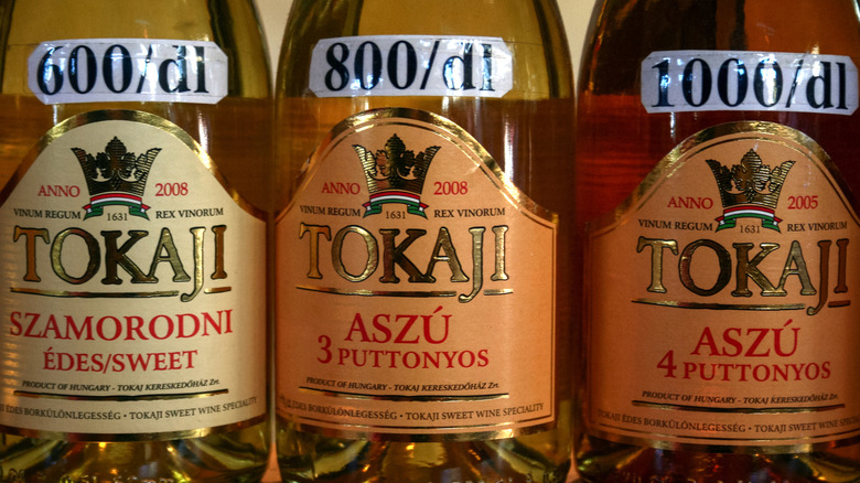 Tokaji wine bottles with a gold foil label.
