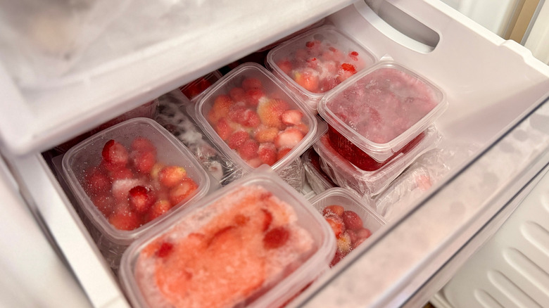 Frozen fruit in plastic bins inside a freezer
