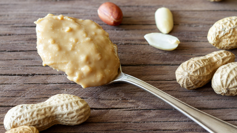 A spoon holding a dollop of crunchy peanut butter above a wood background with peanuts