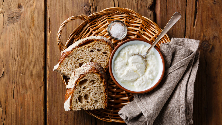 Bowl of clabber with crusty bread