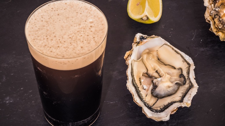 Stout beer with an oyster