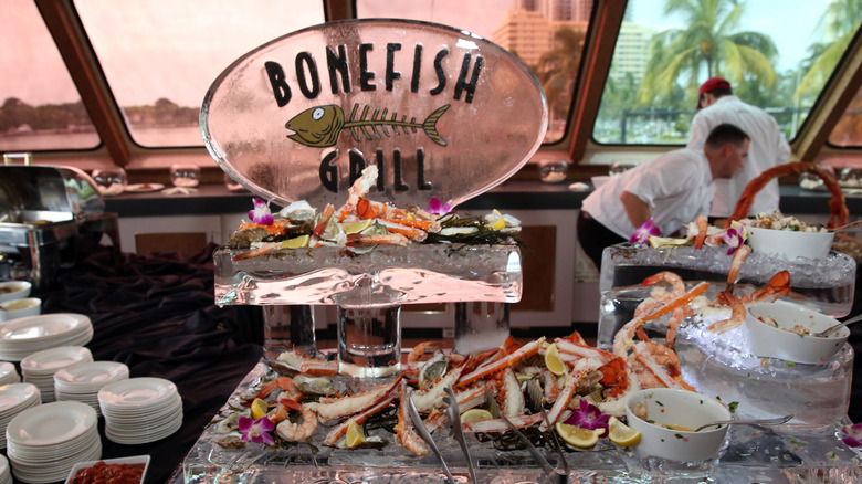 Various seafood served on an ice display at Bonefish Grill
