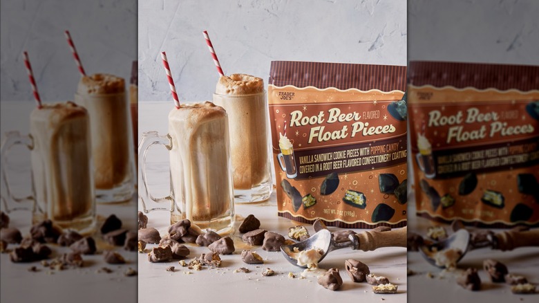 Root beer floats with candy pieces and packaging