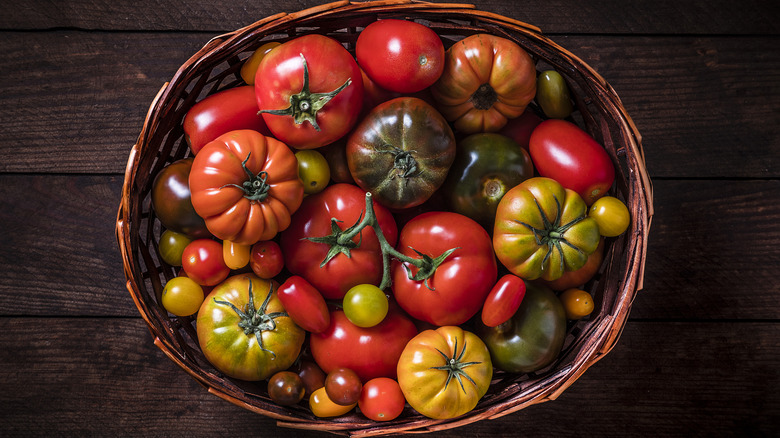 different types of tomatoes in a basket against a wooden background