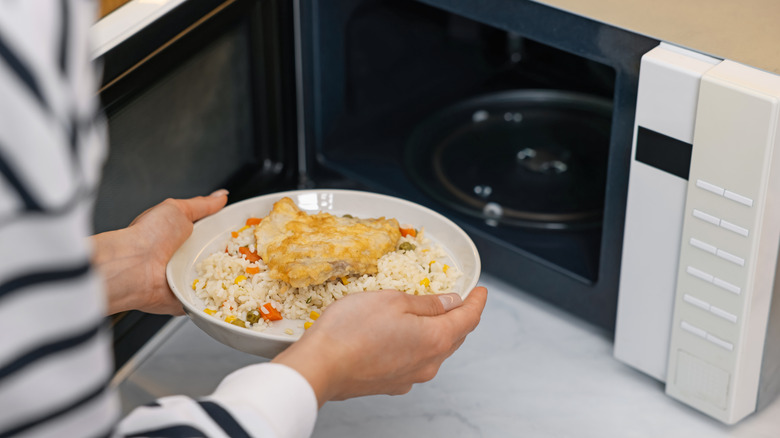person putting plate of fried rice into a microwave