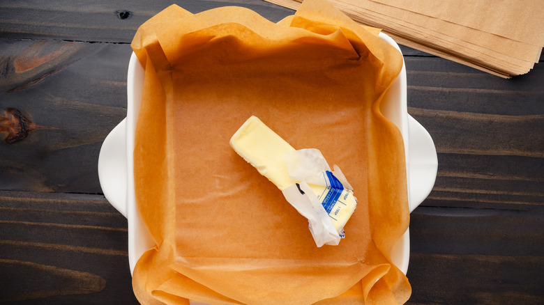 Baking dish lined with parchment paper
