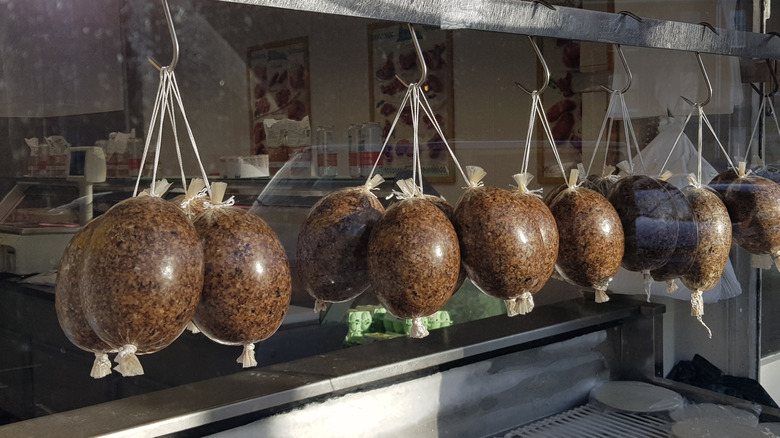 Haggis on sale in butcher's shop