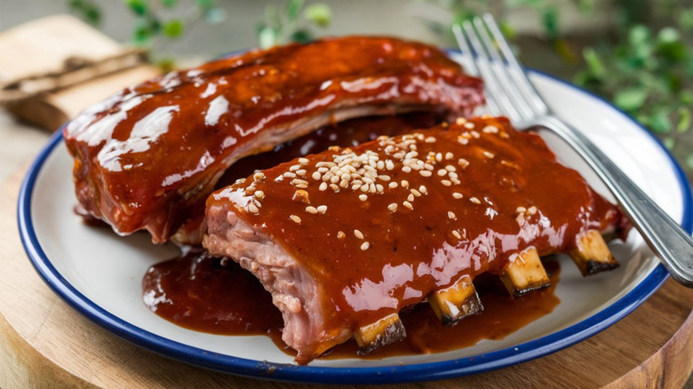 Texas barbecue ribs slathered with barbecue sauce