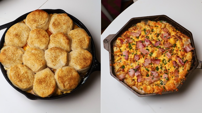 Visual comparison of casseroles filling a cast-iron skillet