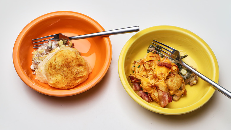 Bowls of portioned casserole side by side