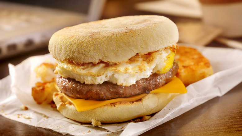 Egg sausage and cheese breakfast sandwich