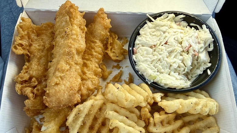 Box of fried fish, crunchies, fries, and coleslaw from Long John Silver's