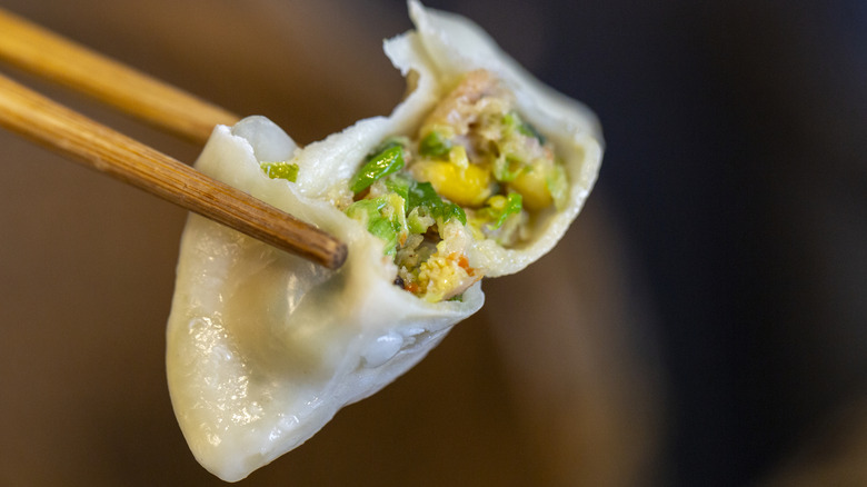 Close up of chopsticks holding a dumpling