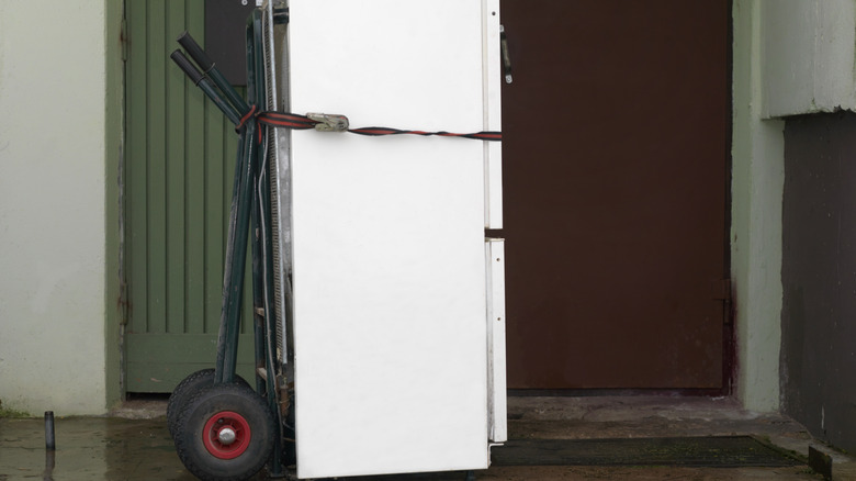Refrigerator tied to dolly