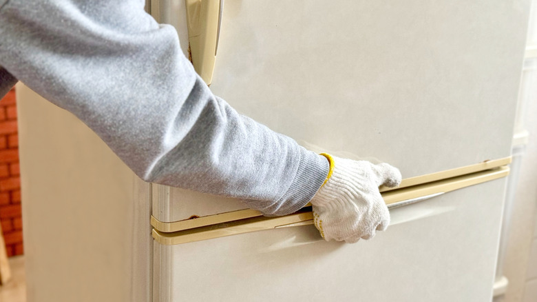 Arm and gloved hand grasping refrigerator doors to move appliance