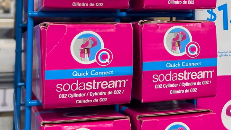 SodaStream Quick Connect cylinders stacked in boxes