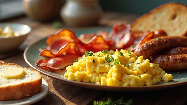 Traditional breakfast plate with scrambled eggs, bacon, sausages, and buttered toast