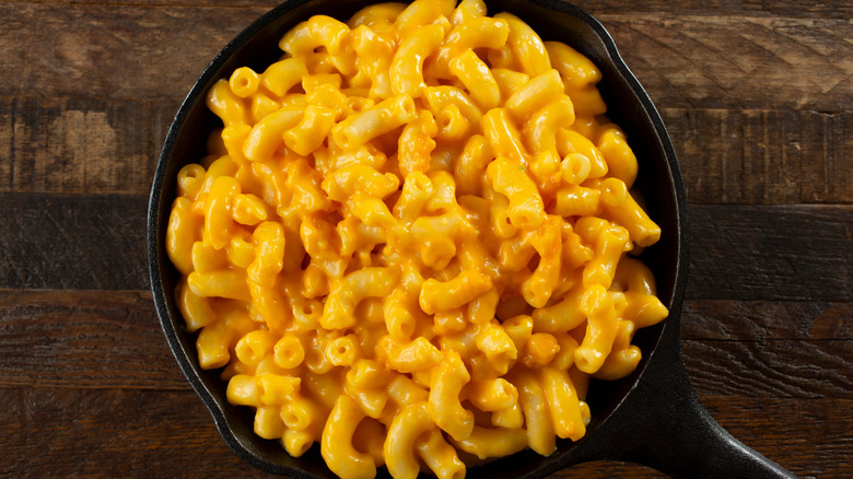 Cast-iron skillet of mac and cheese