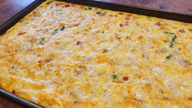 Sheet pan omelette with eggs and bacon