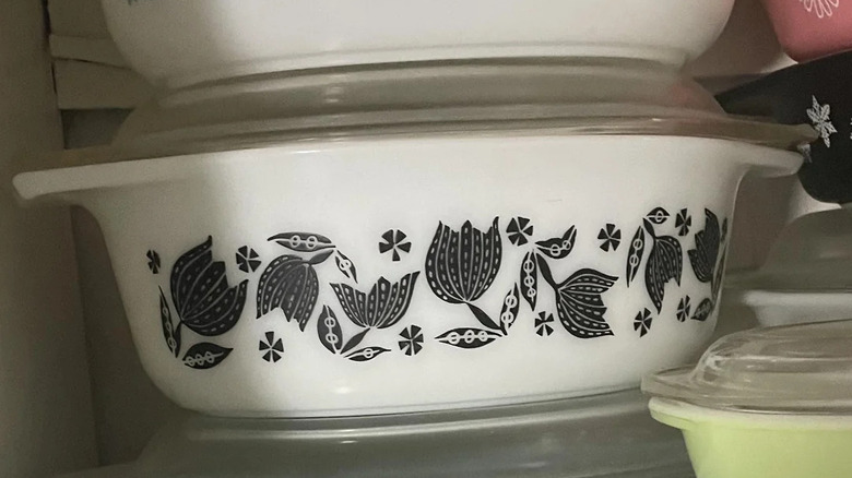 Pyrex's vintage Black Tulip casserole dish, with its design swirling at the side